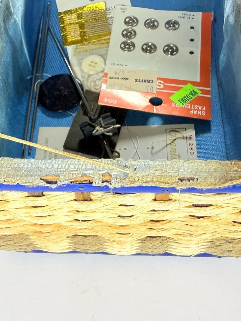 Vintage Woven Sewing Basket With Blue Satin Interior & Assorted Threads